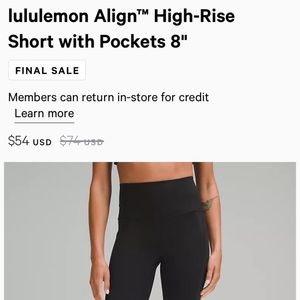 Lululemon Align HR 8” Shorts - NWT Size 4